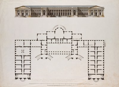 Tsarkoe Seloのアレクサンドル宮殿の北の立面図と平面図、1780年代（ペンと黒と茶色のインク、灰色のウォッシュと紙のトイレ） 作： Giacomo Antonio Domenico Quarenghi